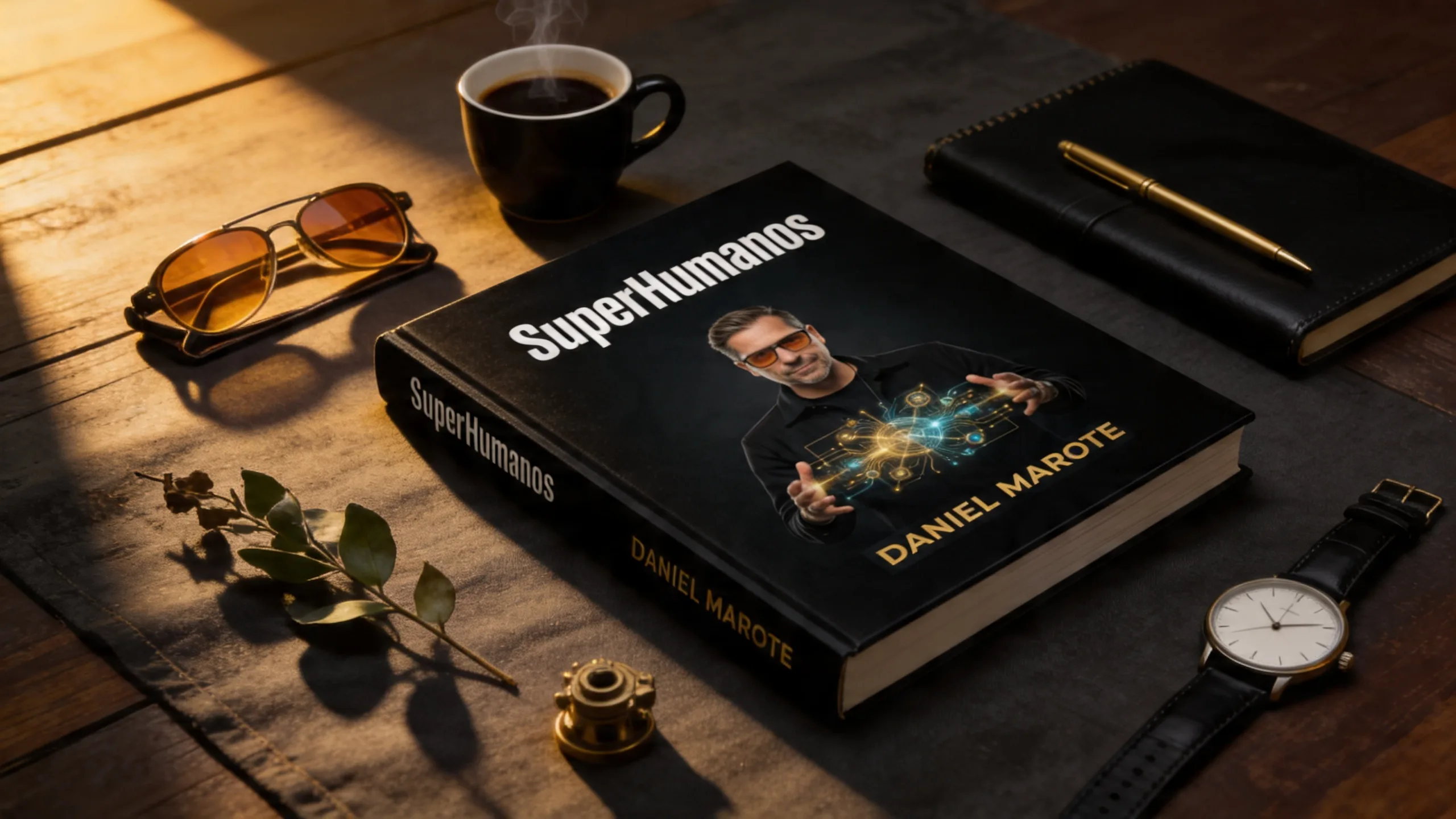 SuperHumanos de Daniel Marote — escena editorial con libro, café, gafas y reloj sobre lino
